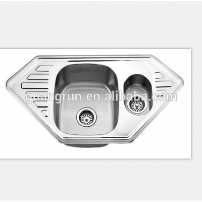 Stainless Steel Double Bowl Butterfly Corner Kitchen Sink with Drainboard GR-620