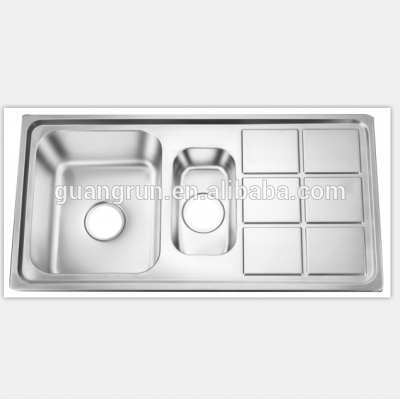 Above Counter Stainless Steel Double Bowl Kitchen Sink With Drainboard GR-970